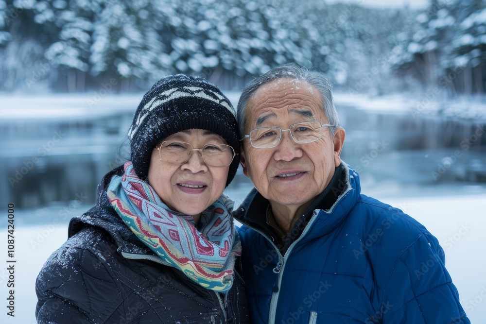 Portrait of a glad asian couple in their 50s sporting a breathable mesh jersey in front of backdrop of a frozen winter lake Portrait of a glad asian couple in their 50s sporting a breathable mesh jersey in front of backdrop of a frozen winter lake