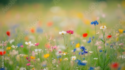 Fototapeta Naklejka Na Ścianę i Meble -  A meadow filled with wildflowers, a breeze ruffling the colorful petals, Botanical
