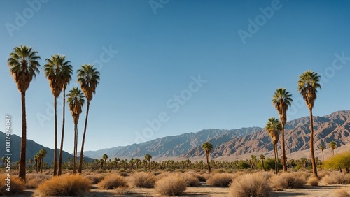 Palm trees and desert mountain panorama in Palm Springs, Coachella Valley landscape, California