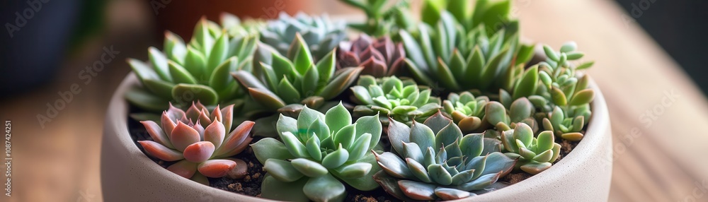 Arrangement of succulents in smooth pottery, focusing on natural textures, Botanical Arrangement of succulents in smooth pottery, focusing on natural textures, Botanical
