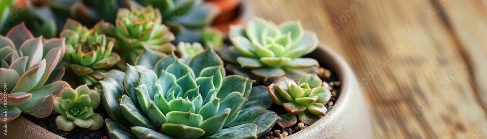Fototapeta premium Arrangement of succulents in smooth pottery, focusing on natural textures, Botanical