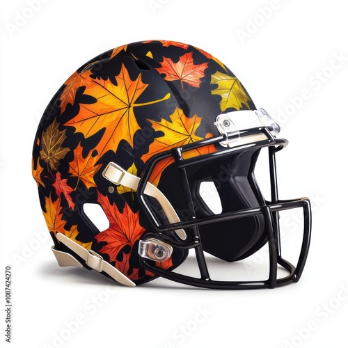 Thanksgiving American football Colorful football helmet adorned with autumn leaves design. photo