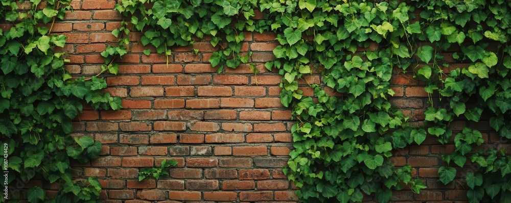 Brick facade covered in creeping vines, a blend of nature and manmade texture, Botanical Brick facade covered in creeping vines, a blend of nature and manmade texture, Botanical