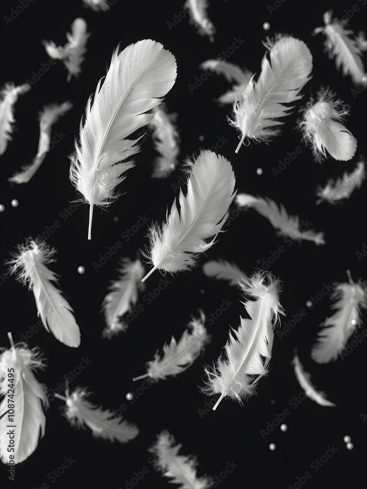Fototapeta premium Soft white feathers floating in the air on the dark, black background