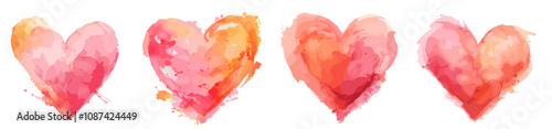 hearts watercolor. heart shape yellow pink red paint, plashes drips water stains love valentines day vector illustration photo