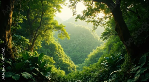 Lush green forest landscape at sunrise