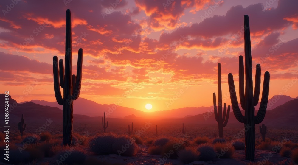 Vibrant desert sunset with cacti silhouettes Vibrant desert sunset with cacti silhouettes