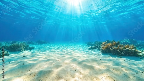 A Serene Underwater Scene Showcasing Sand Patterns and Marine Life with Powerful Sunlight Filtering Through Clear Water