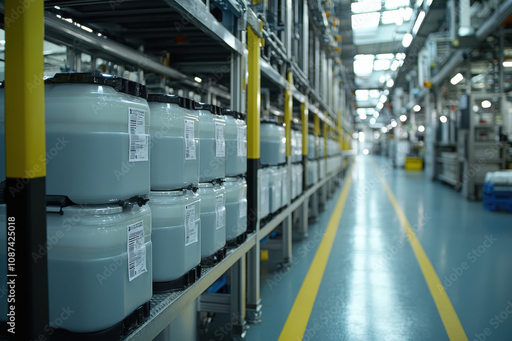 A clean, organized industrial facility showcasing rows of containers on shelves, with a well-lit and spacious layout. A clean, organized industrial facility showcasing rows of containers on shelves, with a well-lit and spacious layout.