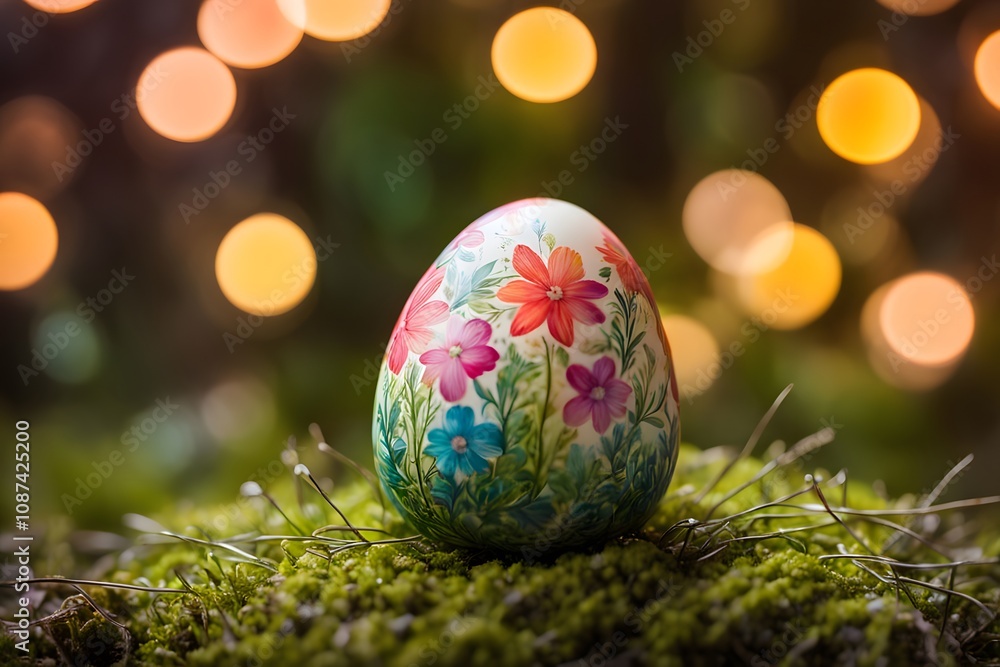 A single painted easter egg with floral designs placed on soft moss with a vibrant bokeh background, Ai Generated A single painted easter egg with floral designs placed on soft moss with a vibrant bokeh background, Ai Generated