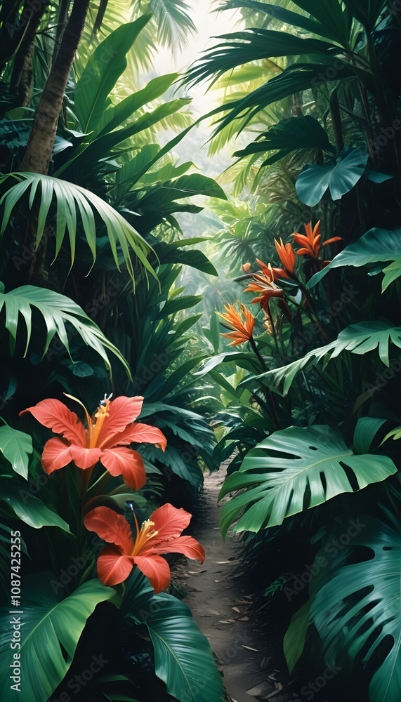 Tropical exotic pattern with animal and flowers in bright colors and lush vegetation Tropical exotic pattern with animal and flowers in bright colors and lush vegetation