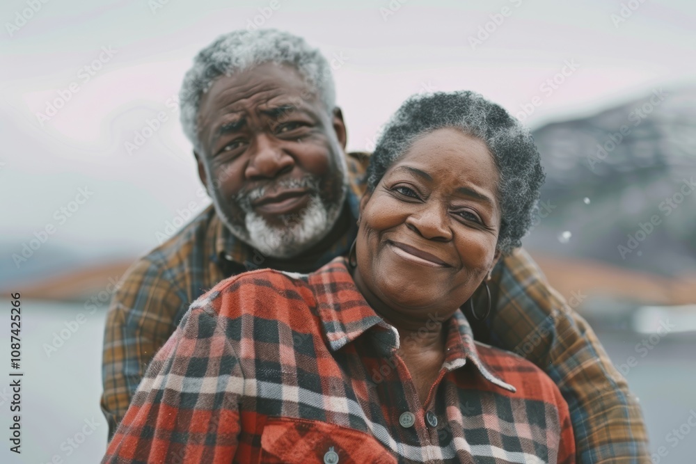 Portrait of a blissful afro-american couple in their 60s dressed in a relaxed flannel shirt over backdrop of an arctic landscape Portrait of a blissful afro-american couple in their 60s dressed in a relaxed flannel shirt over backdrop of an arctic landscape