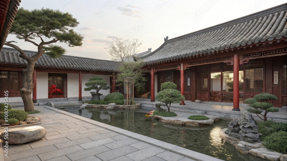 Fototapeta premium Traditional Chinese Siheyuan Courtyard House with Tranquil Garden