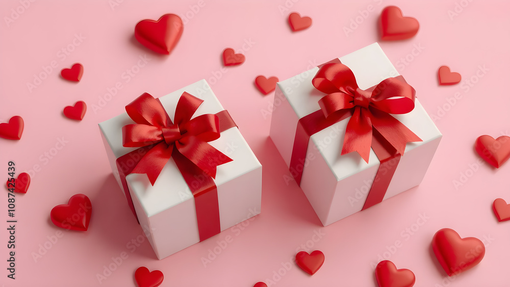 Valentines day gift boxes with hearts decorations on pink background, top view Valentines day gift boxes with hearts decorations on pink background, top view