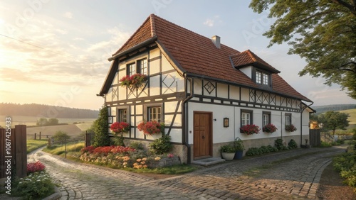 Traditional half-timbered Upper Lusatian house with landscape views