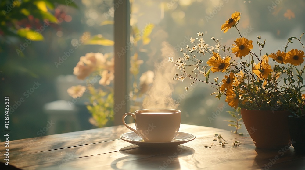 Freshly brewed coffee with wispy steam rising set on a wooden table with a soft blurred nature silhouette in the background Freshly brewed coffee with wispy steam rising set on a wooden table with a soft blurred nature silhouette in the background