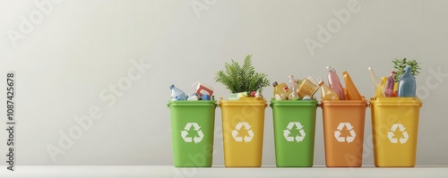 Waste sorting setup with zero waste symbols, colorcoded bins for recycling, minimalist layout, 3D illustration