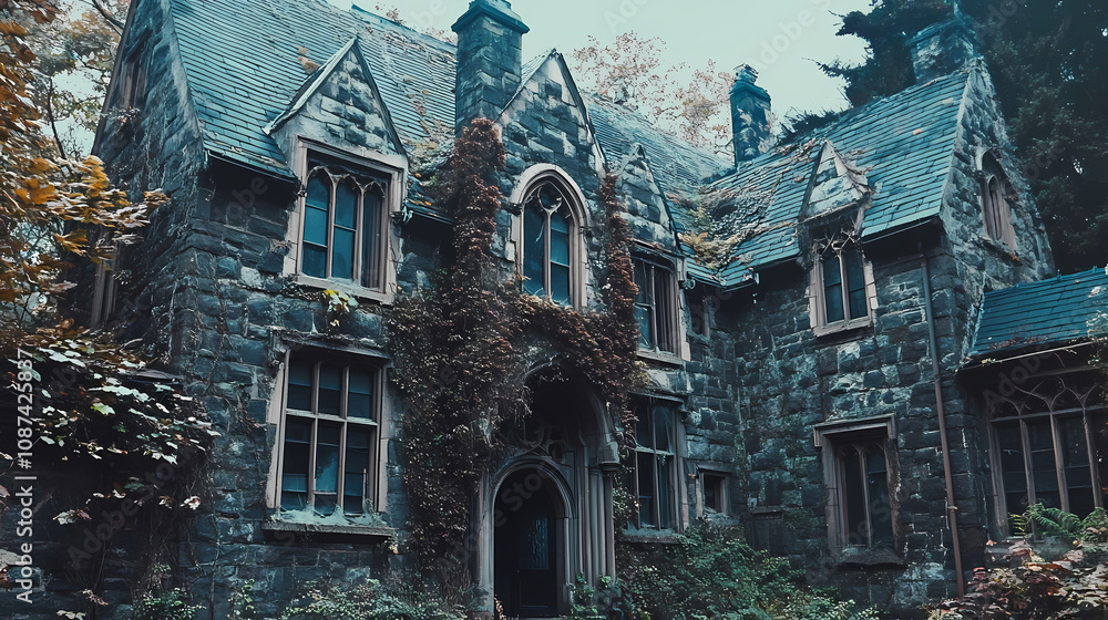Haunting remnants dilapidated victorian style manor with crumbling stone walls and overgrown vines cobweb covered windows and a crooked. Dark Gothic Manor. Illustration Haunting remnants dilapidated victorian style manor with crumbling stone walls and overgrown vines cobweb covered windows and a crooked. Dark Gothic Manor. Illustration