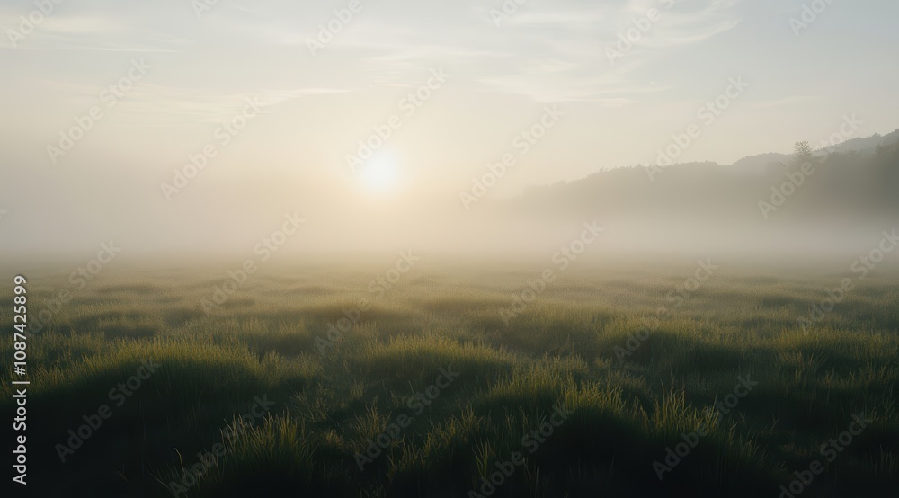 Misty sunrise over a tranquil field Misty sunrise over a tranquil field