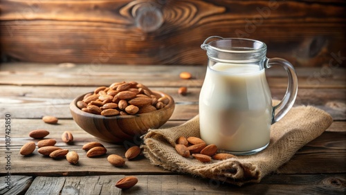 A pitcher of creamy almond milk with a bowl of almonds on a rustic wooden table