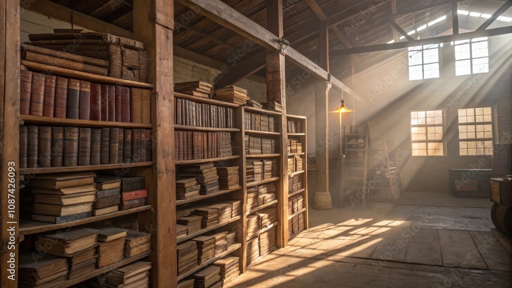 Wooden Storage Rack in Cozy Warehouse Filled with Books Wooden Storage Rack in Cozy Warehouse Filled with Books