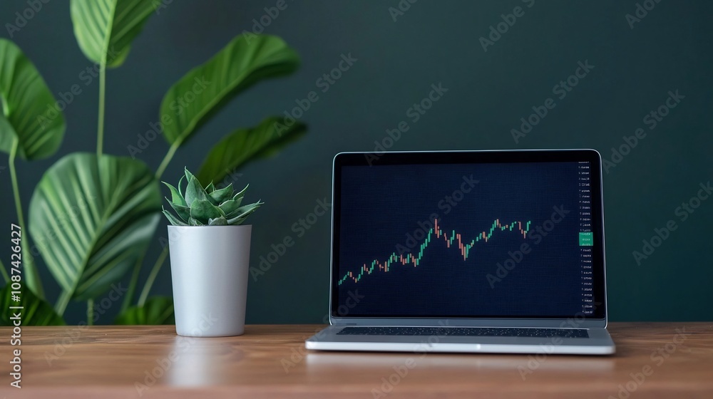 Organized and minimalist office workspace setup with a laptop computer displaying market charts and financial analytics for modern finance and business management Organized and minimalist office workspace setup with a laptop computer displaying market charts and financial analytics for modern finance and business management