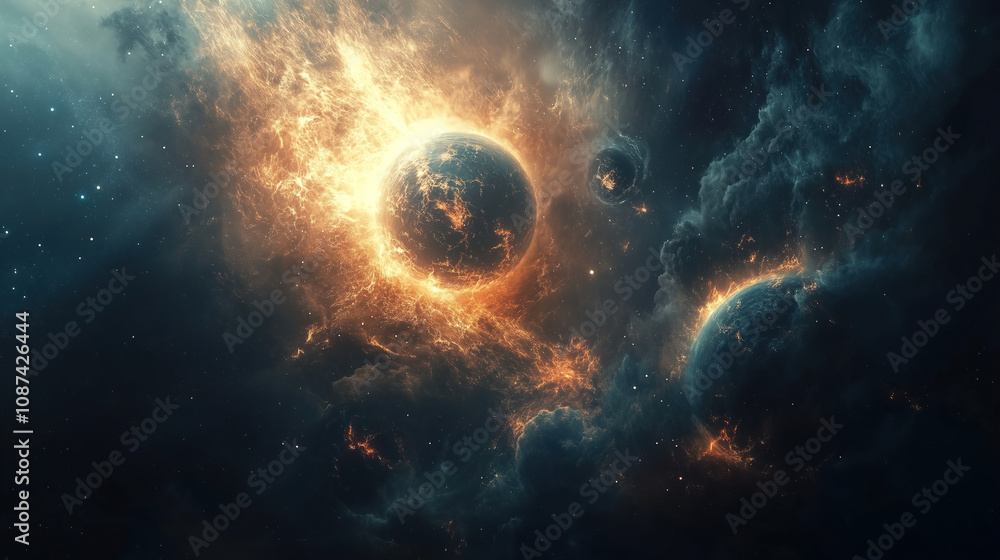 A vibrant cosmic display of glowing planets and swirling nebulae in deep space illuminated by distant stars and celestial phenomena. Generative AI A vibrant cosmic display of glowing planets and swirling nebulae in deep space illuminated by distant stars and celestial phenomena. Generative AI