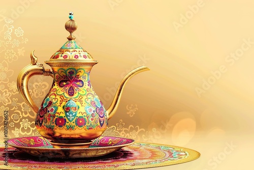 golden glossy, A design of a colorful patterned invitation or greeting card A design of a traditional Arabic coffee pot
