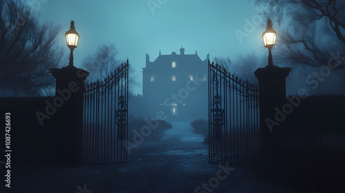 Eerie gate to a mysterious manor in a foggy night. Dark Gothic Manor. Illustration photo