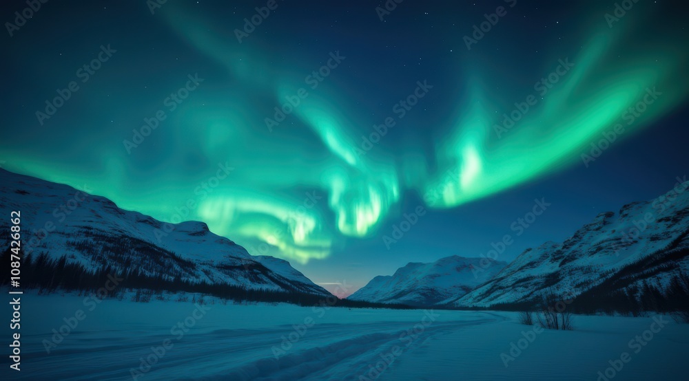 Stunning northern lights over snowy mountains Stunning northern lights over snowy mountains