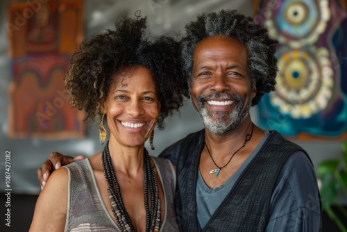 Portrait of a smiling afro-american couple in their 40s dressed in a breathable mesh vest in front of serene meditation room photo