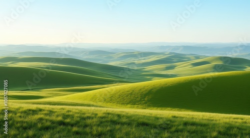 Lush green rolling hills at sunset