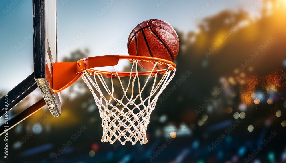 A basketball flying into the basket in the court A basketball flying into the basket in the court