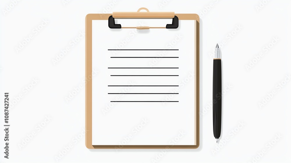 Clipboard holding a contract document with a pen beside, isolated on plain background, ideal for business visuals. Clipboard holding a contract document with a pen beside, isolated on plain background, ideal for business visuals.