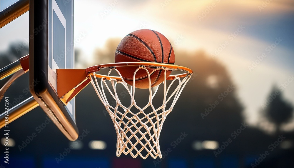 Fototapeta premium A basketball flying into the basket in the court