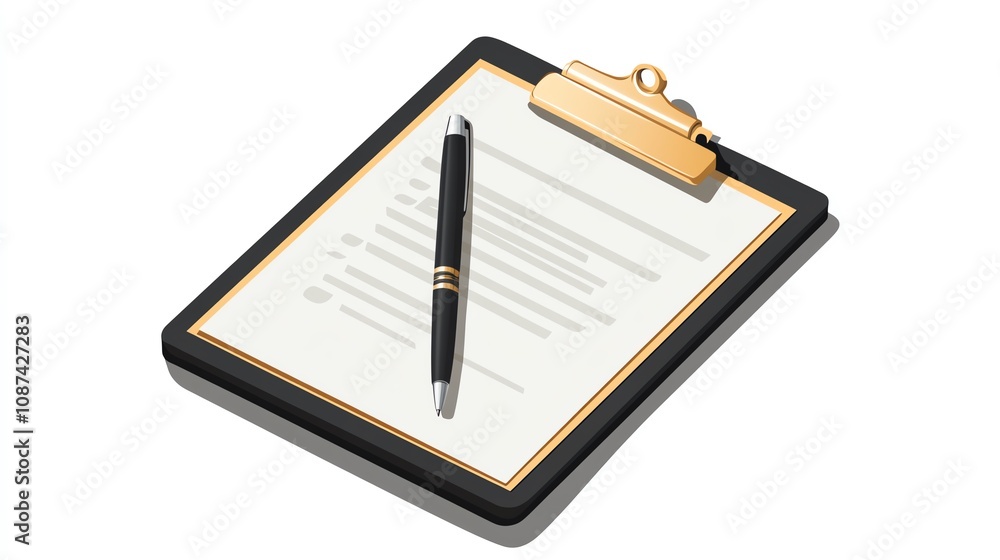 Clipboard with important contract document and pen, isolated on a plain background with ample space for text. Clipboard with important contract document and pen, isolated on a plain background with ample space for text.