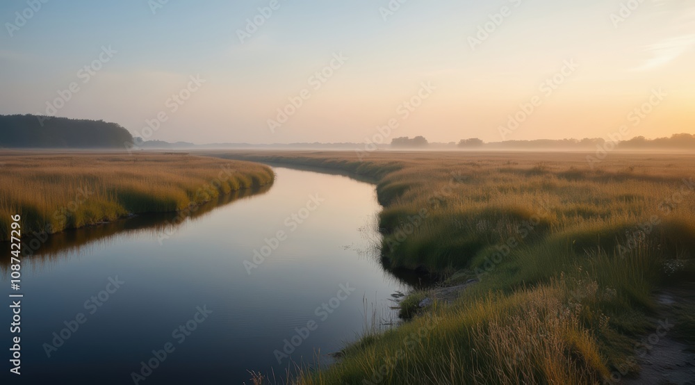 Tranquil river flowing through lush grasslands Tranquil river flowing through lush grasslands