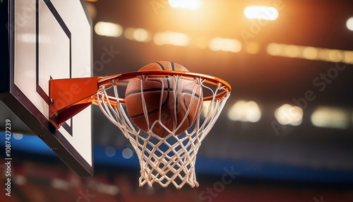 A basketball flying into the basket in the court