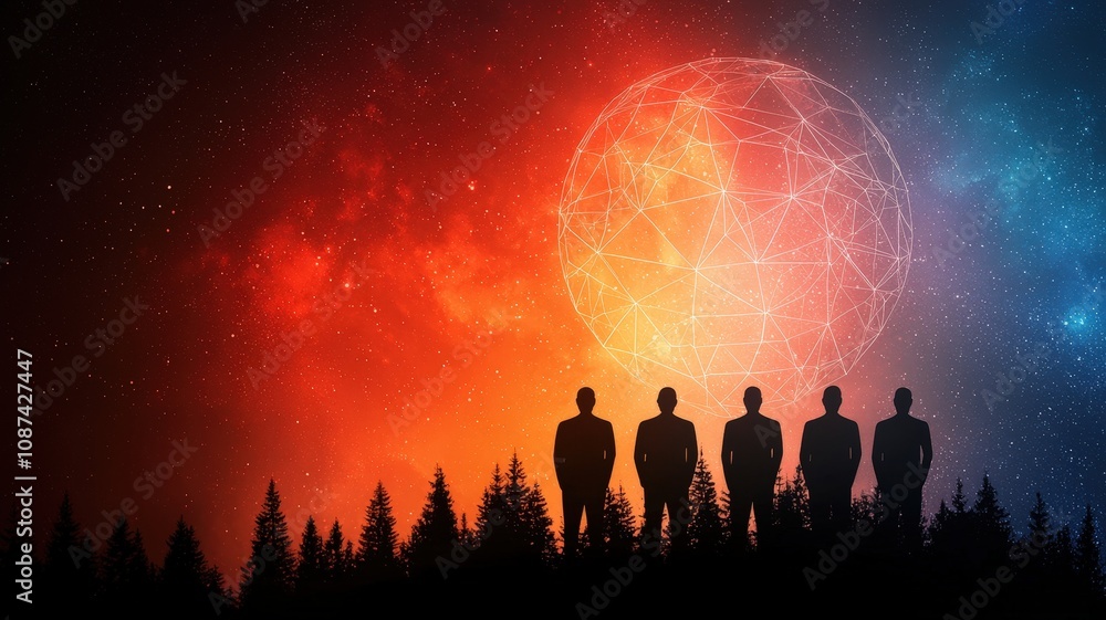 environments in teamwork on mindset. A group of silhouetted figures stands against a vibrant cosmic background of orange and blue, evoking a sense of wonder and exploration. environments in teamwork on mindset. A group of silhouetted figures stands against a vibrant cosmic background of orange and blue, evoking a sense of wonder and exploration.