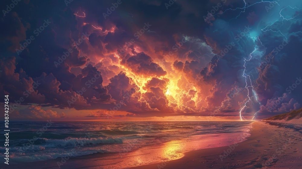 Dramatic sunset over the ocean with lightning strikes in the sky. Dramatic sunset over the ocean with lightning strikes in the sky.