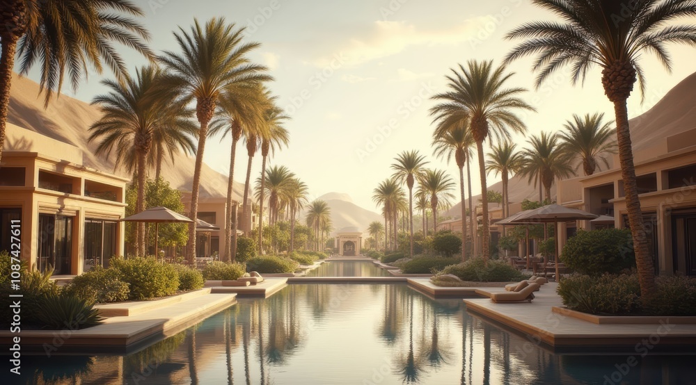 Serene oasis with palm trees and pool Serene oasis with palm trees and pool