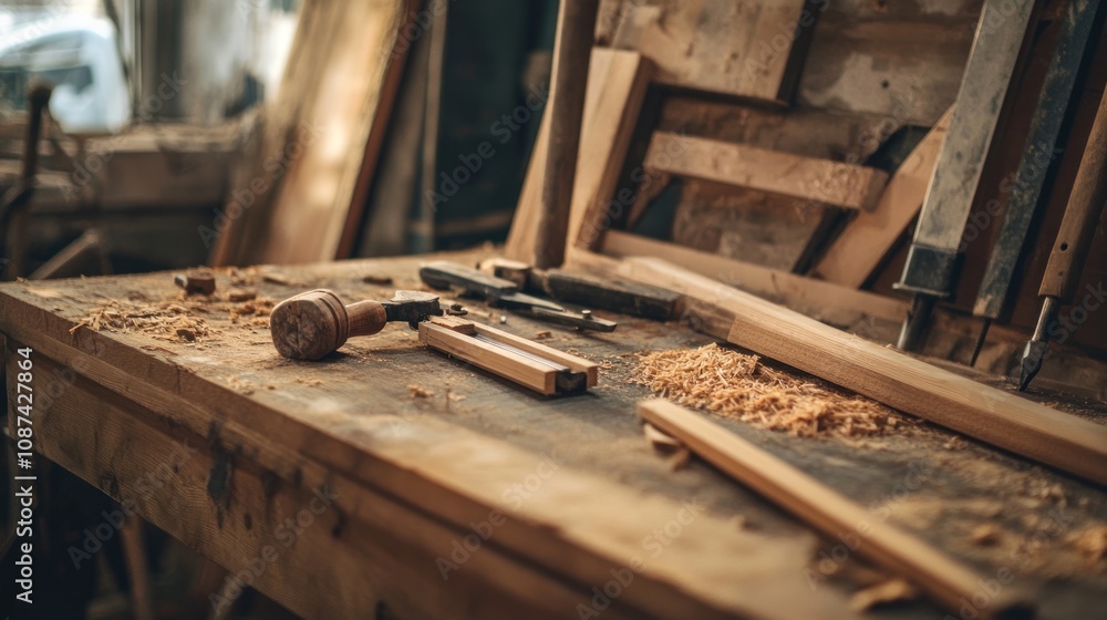 Woodworking tools and wood shavings on a workbench Woodworking tools and wood shavings on a workbench