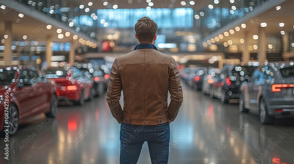 Man in Brown Leather Jacket Observing Cars in Showroom Man in Brown Leather Jacket Observing Cars in Showroom