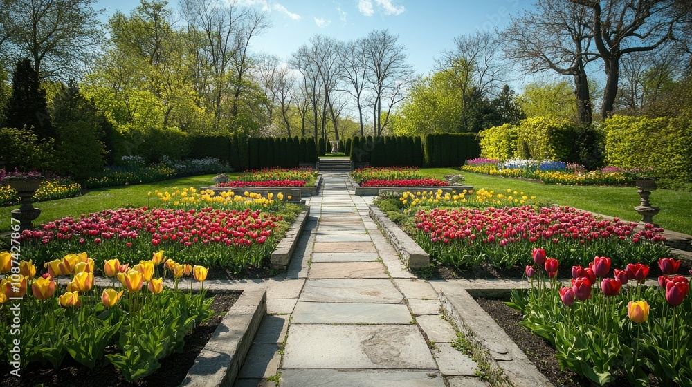 Fototapeta premium Serene Spring Garden with Vibrant Flowers
