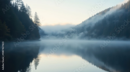 Serene lake surrounded by misty forest