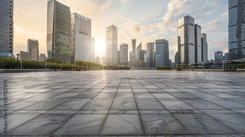 Empty square floor with city skyline background, City skyline with a celestial ballet, celestial bodies dancing in cosmic harmony above the urban landscape