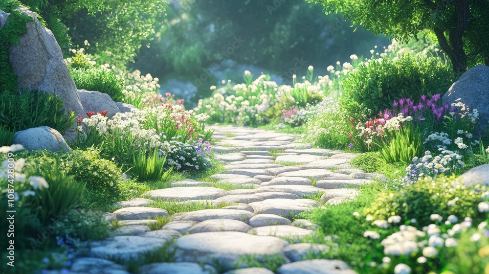 Serene Stone Path Through a Lush Garden Serene Stone Path Through a Lush Garden