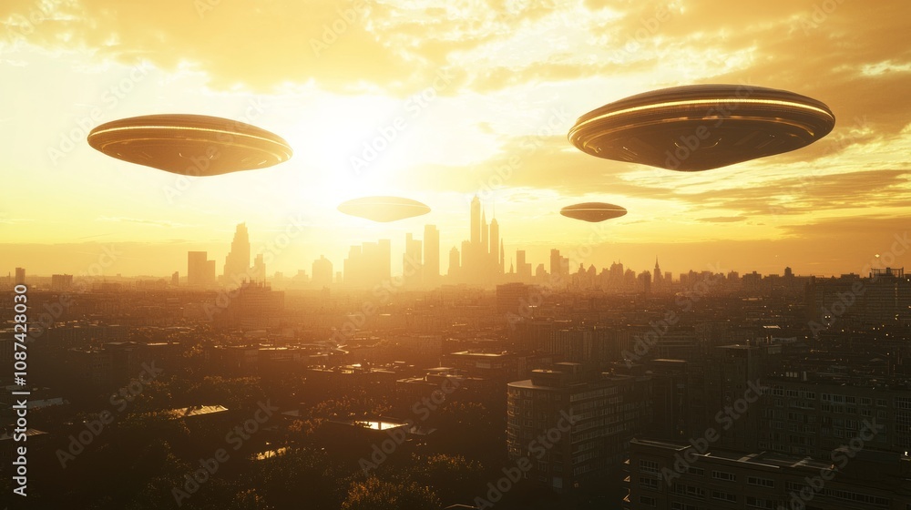 Otherworldly Dawn: City Skyline with Ominous Alien Ships in Ultra-Detailed, Cinematic Light Otherworldly Dawn: City Skyline with Ominous Alien Ships in Ultra-Detailed, Cinematic Light