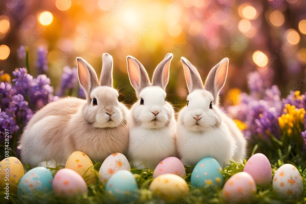 A whimsical easter scene with bunnies and eggs surrounded by spring flowers, Ai Generated A whimsical easter scene with bunnies and eggs surrounded by spring flowers, Ai Generated