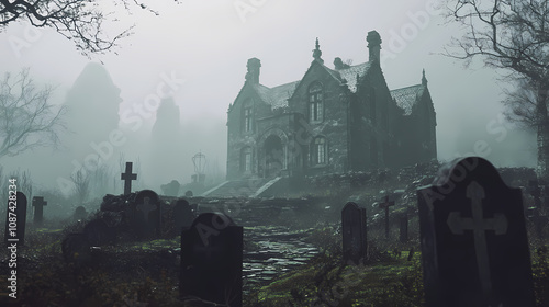 A spooky, dilapidated manor house sits amidst a graveyard in the fog. Dark Gothic Manor. Illustration